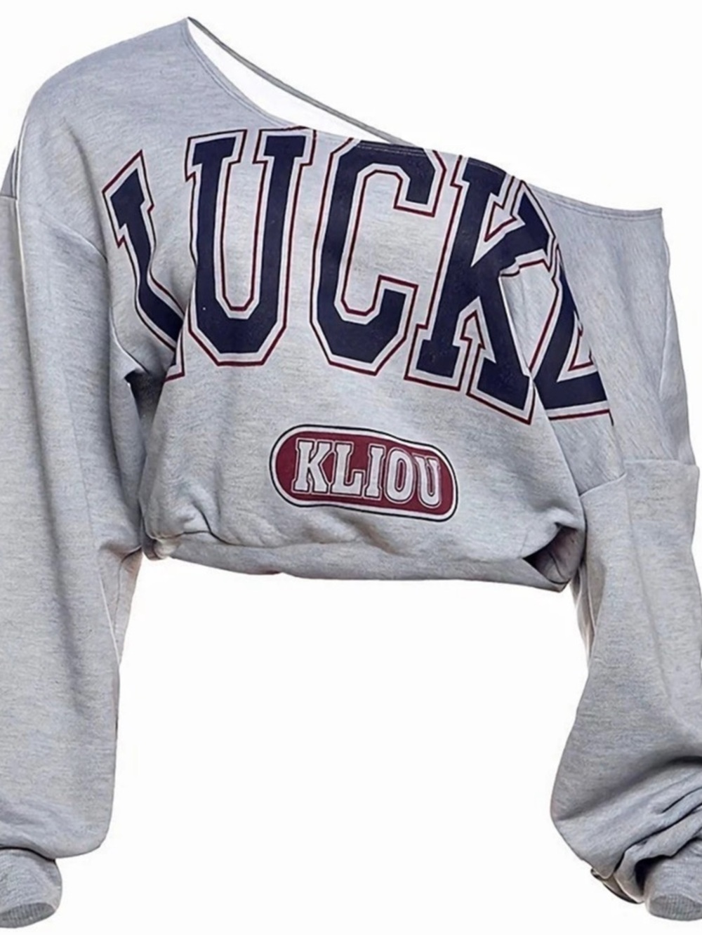 Kliou Graphic Off-Shoulder Cropped Sweatshirt in Gray